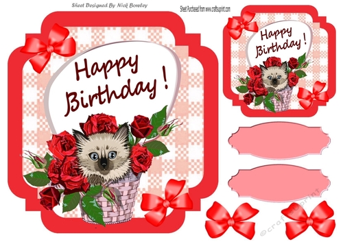 Red Check with border  8x8 card front with kitten in basket with roses