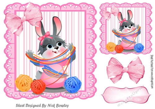 pink stripe eyelet frame 8x8 with bunny playing with wool