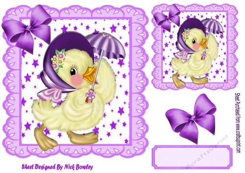 Lilac star and eyelet frame 8x8, with yellow chick in bonnet