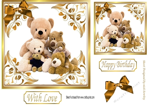Cute teddy bears in gold ornate frame 7x7 (two)