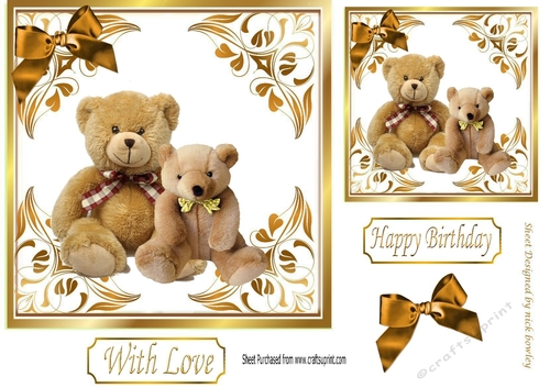 Cute teddy bears in gold ornate frame 7x7 (four)
