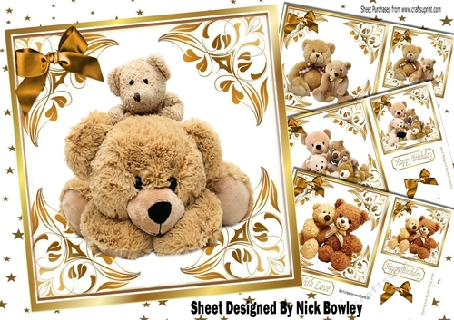  4 Cute teddy bears in gold ornate frames card fronts 7x7  mini kit