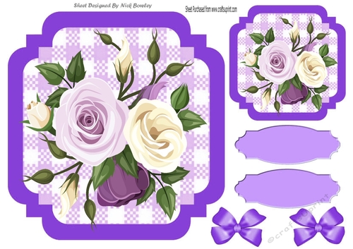 Purple Check with border  8x8 card front, with purple shade roses