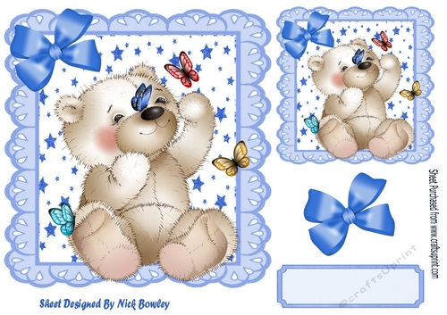star and blue eyelet frame 8x8, with white teddy bear & butterflies