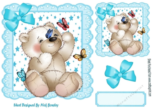 star and sky blue eyelet frame 8x8, with white teddy bear & butterflies