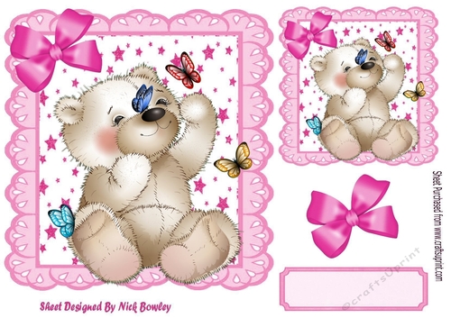 star and pink eyelet frame 8x8, with white teddy bear & butterflies