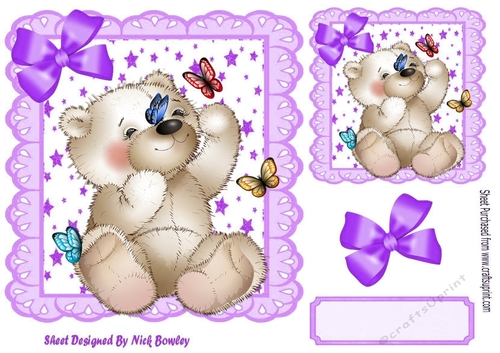 star and lilac eyelet frame 8x8, with white teddy bear & butterflies
