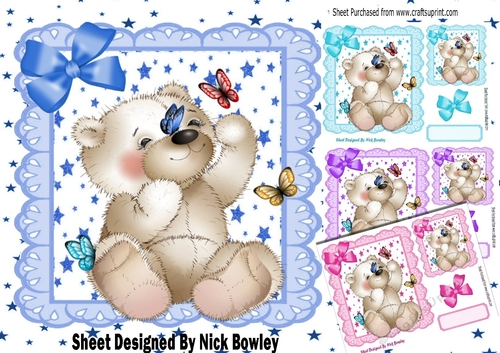  4 star and  eyelet frame card fronts 8x8, teddy bears & butterflies mini kit