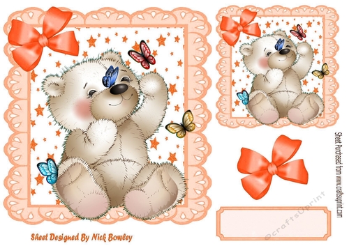 star and peach eyelet frame 8x8, with white teddy bear & butterflies