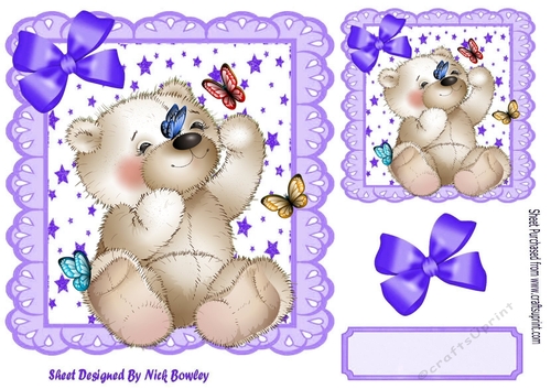 star and purple eyelet frame 8x8, with white teddy bear & butterflies