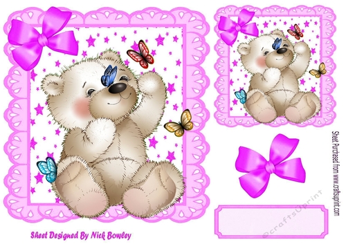star and cerise eyelet frame 8x8, with white teddy bear & butterflies