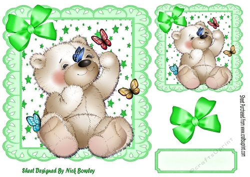 star and green eyelet frame 8x8, with white teddy bear & butterflies