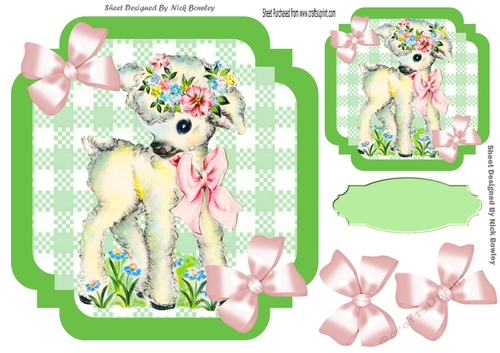 Green Check with border  8x8 card front with cute little lamb