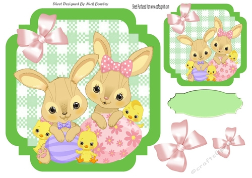 Green Check with border  8x8 card front easter bunny family & eggs