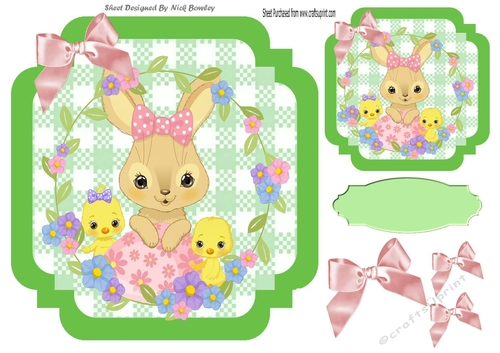 Green Check with border  8x8 card front , bunny, chicks and flowers