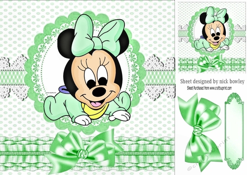 Cute baby minnie mouse with green frills & bows 8x8