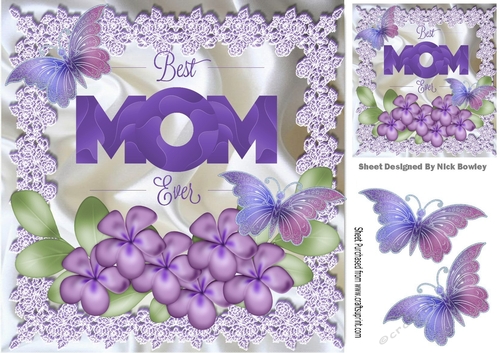 Best Mom ever pretty purple flowers, satin, lace and butterflies 8x8