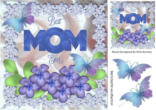 Best Mom ever pretty blue flowers, satin, lace and butterflies 8x8