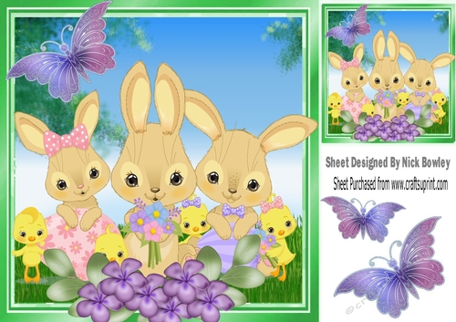 Cute easter bunny family and chicks with butterflies 8x8