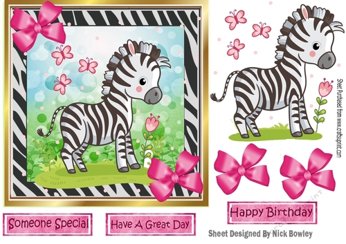 cute zebra in 7x7 frame with bows  & butterflies