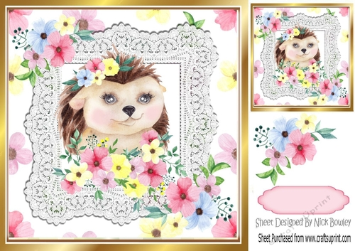 Cute water colour hedgehog in lace and flower frame 8x8