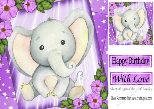 Cute water colour Ele with stars and purple flowers 8x8