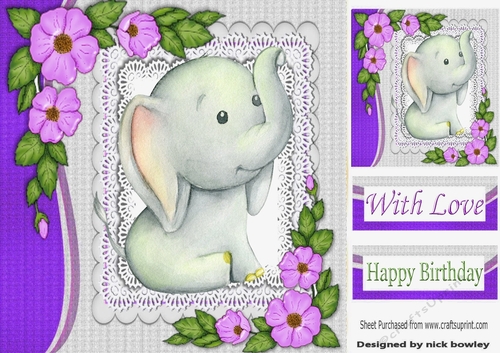 Cute water colour Ele with lace and purple flowers 8x8
