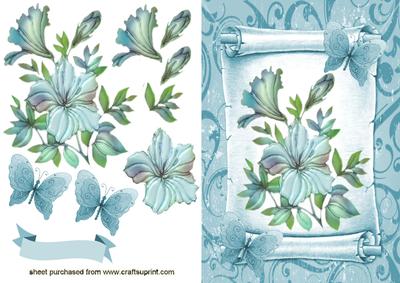 Pretty Pale Blue Flowers & Butterflies on Scroll