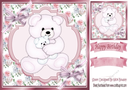 Cute pink teddy having cuddles with bows 8x8