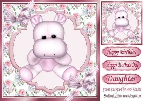 Cute pink hippo with bows 8x8