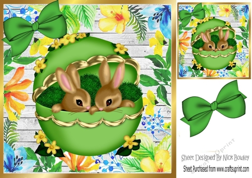 Peek a Boo Bunnies inside a easter egg with bow, floral frame 8x8