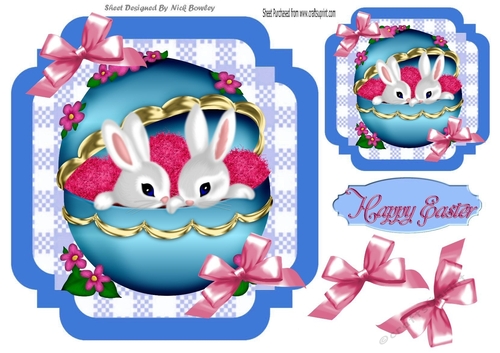 Peek a Boo Bunnies inside an easter egg with pink bows, 7x7