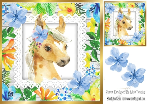 Pretty water colour pony with tropical flowers 8x8