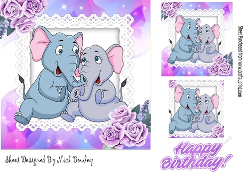 Cute pair of elephants cuddling with lilac roses 7x7