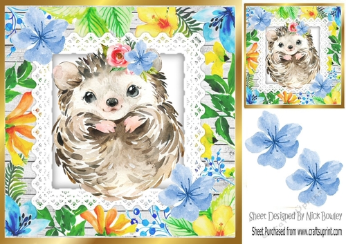 Pretty water colour hedgehog with tropical flowers 8x8