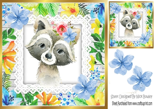 Pretty water colour badger with tropical flowers 8x8