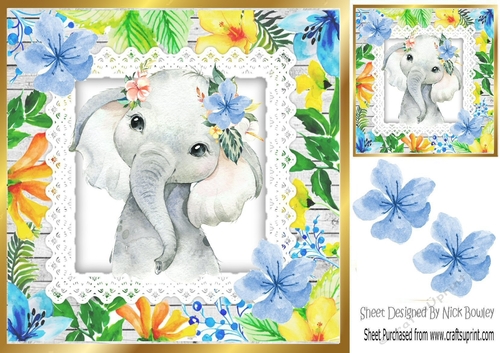 Pretty water colour ele with tropical flowers 8x8