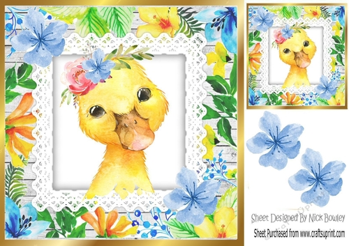 Pretty water colour duck with tropical flowers 8x8