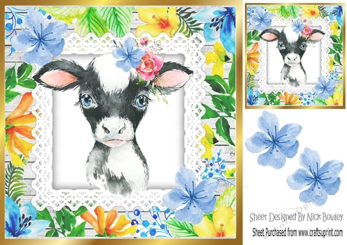 Pretty water colour cow with tropical flowers 8x8