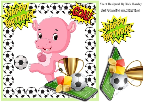 pink hippo footie player with gold cup 8x8