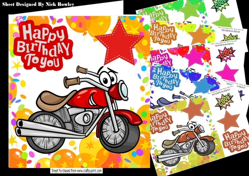  6 Lovely  toony motorbikes in balloon frames card fronts 8x8 mini kit