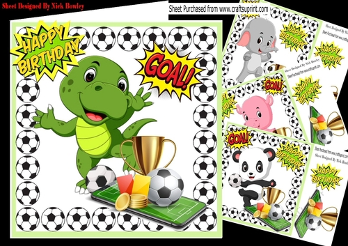  4 Different Animal footie players with gold cup, card front 8x8 mini kit