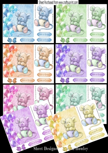  8 Cute little coloured mice with  balloons and bows card fronts 7x7 bumper kit