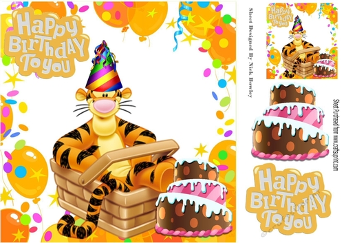 Tigger in party hat with birthday cake 8x8