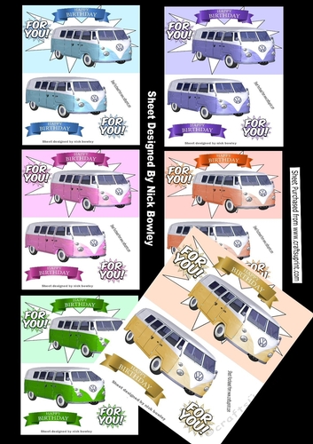 6 Lovely Coloured Camper van card fronts A5 Bumper kit