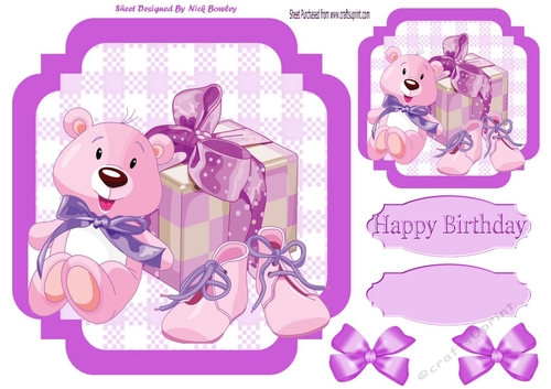 Cute teddy with shoes and present with pink bows 7x7 card front 
