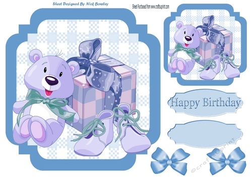 Cute teddy with shoes and present with blue bows 7x7 card front