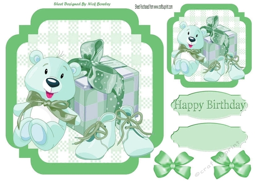 Cute teddy with shoes and present with green bows 7x7 card front