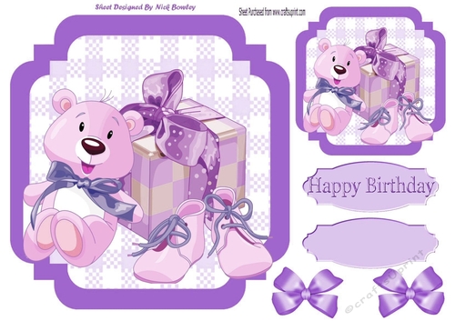 Cute teddy with shoes and present with purple  bows 7x7 card front