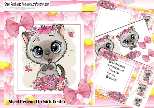 Cute kitten with pink roses in flower frame 8x8 mini kit